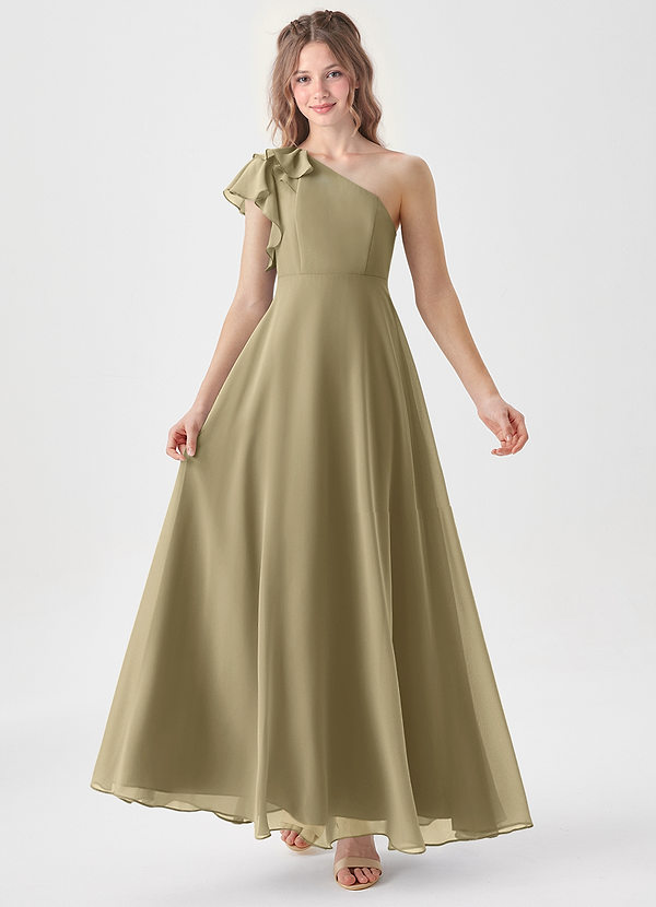 Azazie Arabella Junior Abito A-Line in Chiffon Increspato Verde Muschio image1