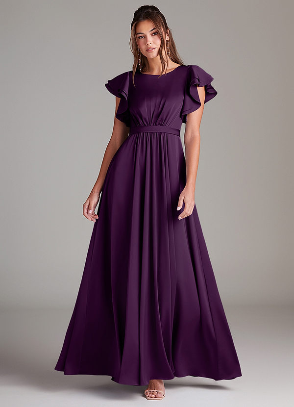 Azazie Daphne Modest Bridesmaid Dresses A-Line Ruched Stretch Satin Floor-Length Dress image1