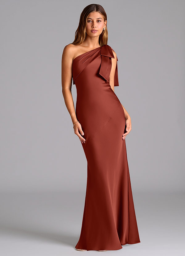 Azazie Yuanna Bridesmaid Dresses Terracotta Mermaid One Shoulder Stretch Satin Dress image1