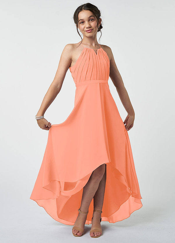 Azazie Oaklynn Junior Robe Trapèze en Mousseline de soie Plissée Coucher De Soleil image1