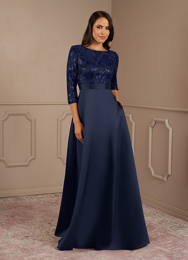 Dark Navy Azazie Carole A-Line Sequins Floor-Length Dress | Azazie