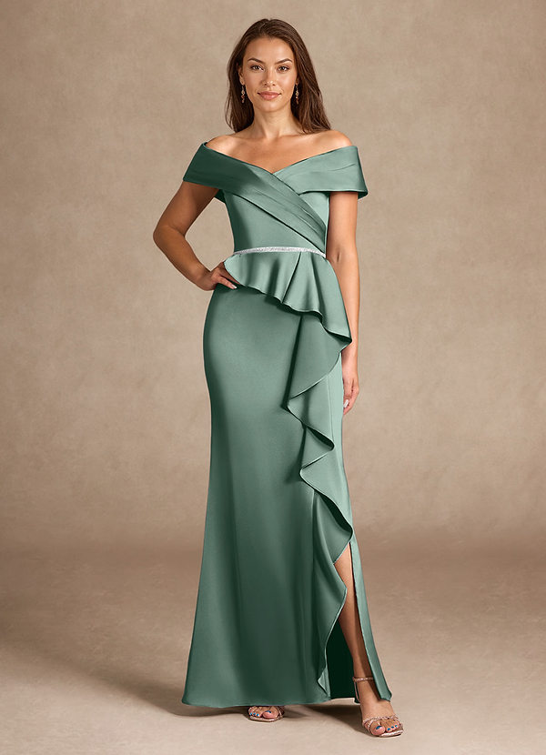 Azazie Dareia Moeder van de Bruid Jurken Zeemeermin Jurk van Stretch Satijn Off the Shoulder Eucalyptus image1