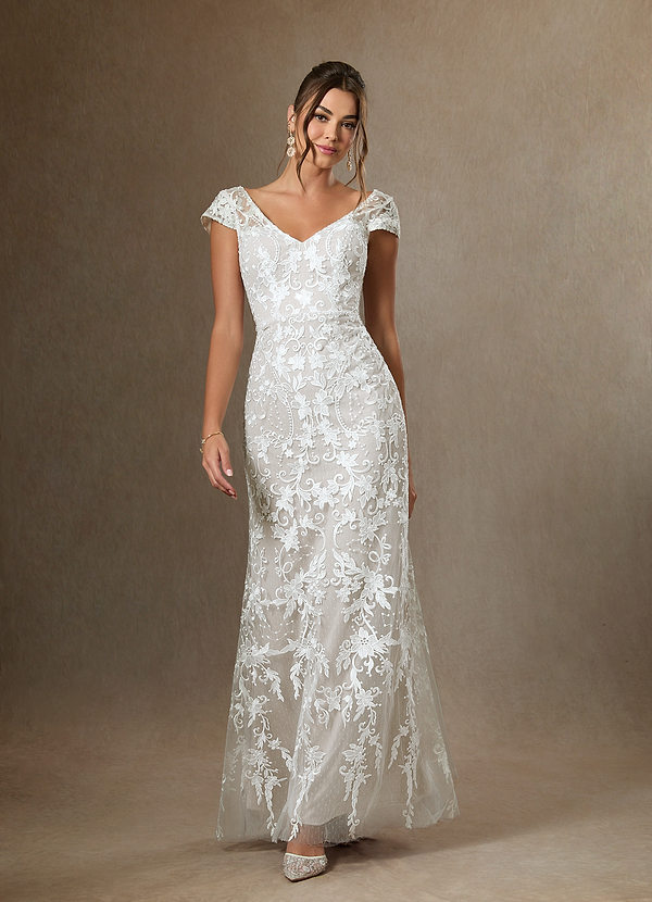 Azazie Devonna Wedding Dresses Diamond White Sheath V-Neck Sequins Lace Dress image1