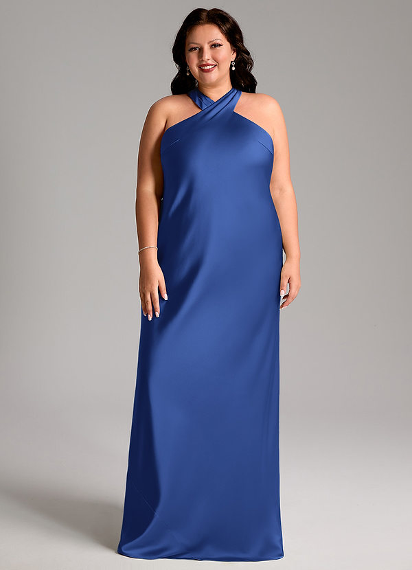 Azazie Doretta Vestidos de dama de honor Vestido Azul Real de Satén Elástico de Corte Sirena con Plisado image1