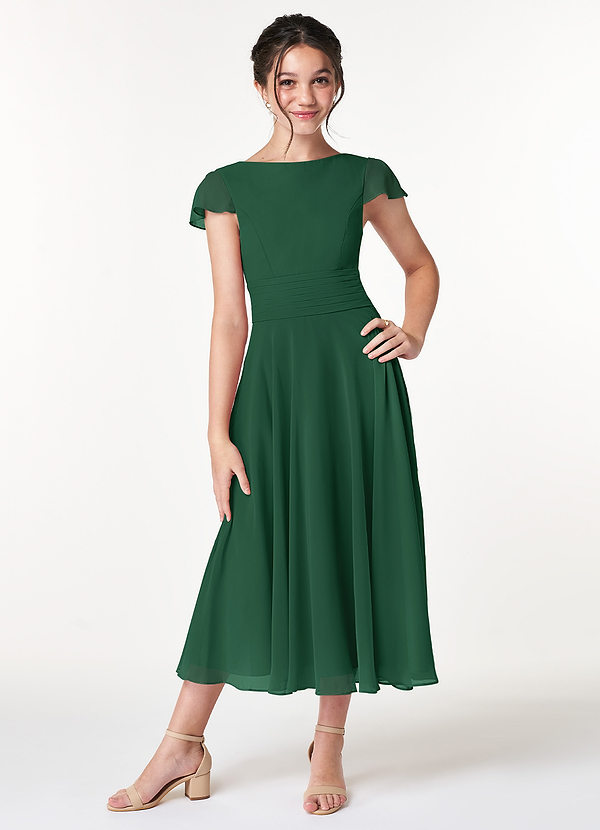 Azazie Payton Junior Dark Green A-Line Bow Chiffon Dress image1