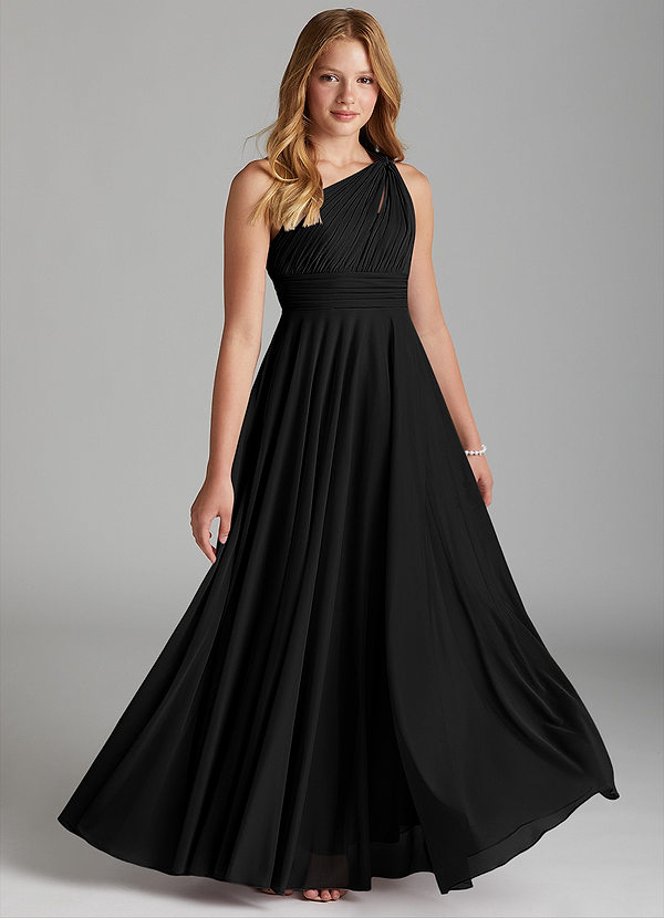 Azazie Charlize Junior Black A-Line Mesh Dress image1
