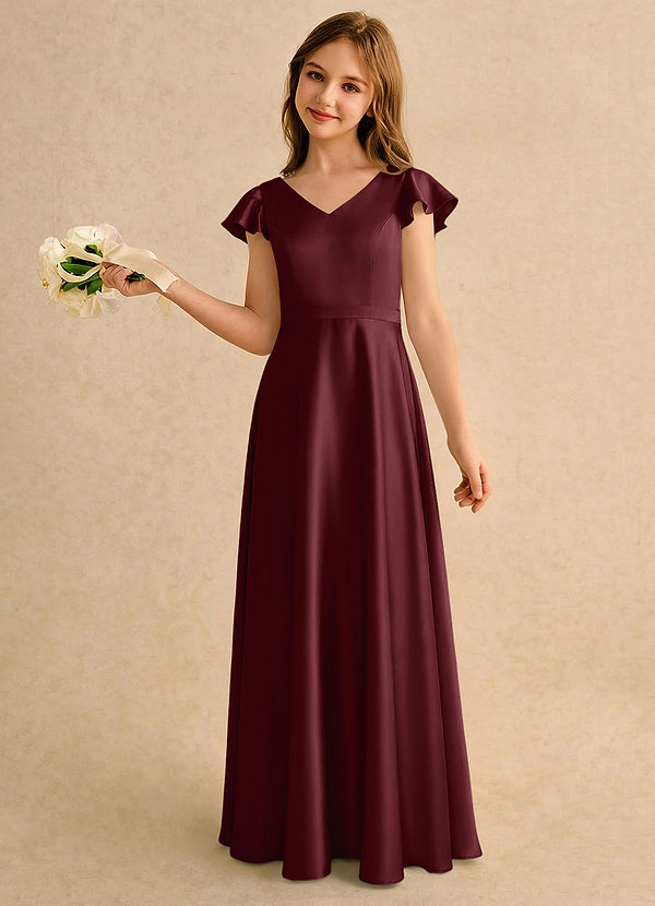 Azazie Nari Girls Formal Sukienki dla dziewczynek sypiących kwiaty Linia A z rękawami Satyna elastyczna Długość podłogi Sukienka image1