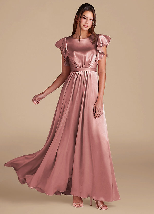 Azazie Daphne Modest Bridesmaid Dresses A-Line Ruched Metallic Satin Floor-Length Dress image1