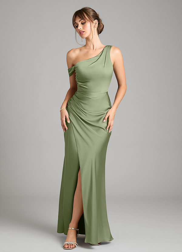 Azazie Madelyn Brudtärneklänningar Klänning av Sjöjungfru i Stretch Satin One-shoulder Pistasch Konvertibel image1