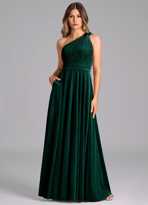 Azazie Charlize Bridesmaid Dresses Emerald A-Line One Shoulder Velvet Dress image1