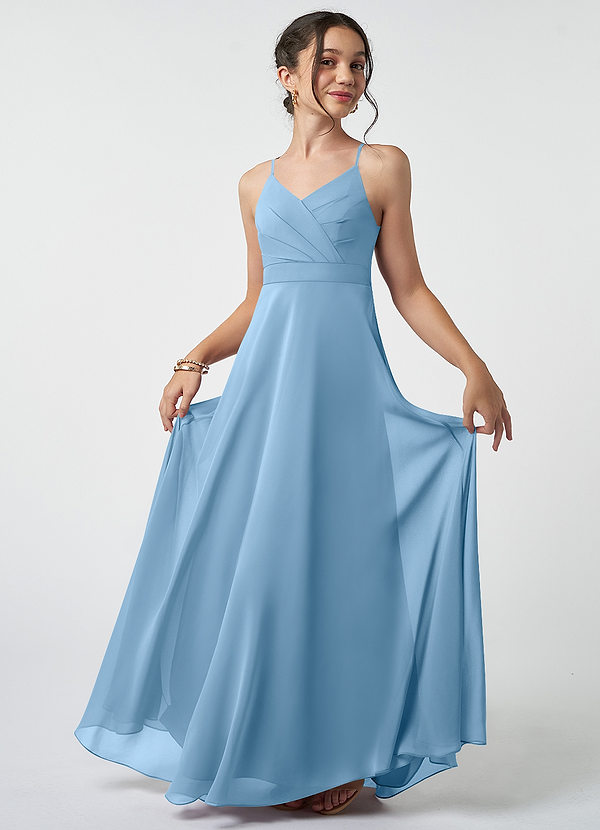 Azazie Avelina Junior Steel Blue A-Line Pleated Chiffon Dress image1