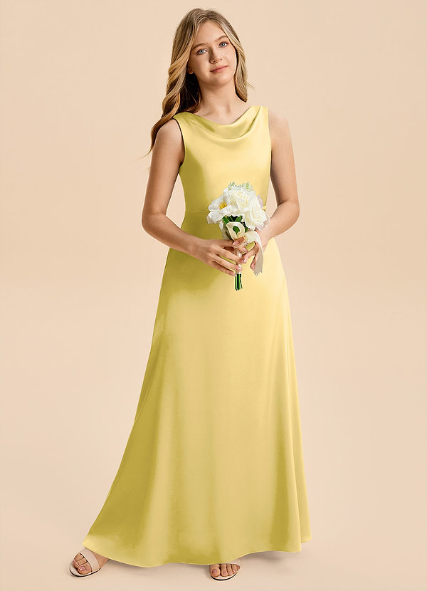 Azazie Kiki Junior Canary A-Line Bow Stretch Satin Dress image1