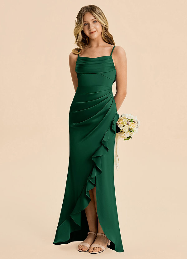 Azazie Mia Junior Robe Sirène en Satin extensible Plissé Vert Foncé image1