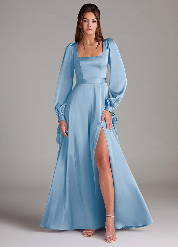 Azazie Leonia Suknie dla druhen Linia A Długi rękaw Satyna elastyczna Do ziemi Sukienka image1