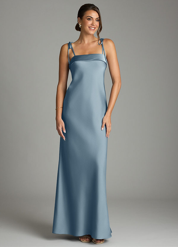 Azazie Ellia Bridesmaid Dresses Dusty Blue Sheath Bow Stretch Satin Dress image1