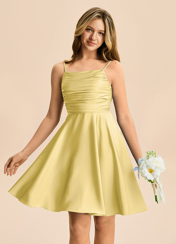 Azazie Miko Junior Canary A-Line Pleated Stretch Satin Dress image1