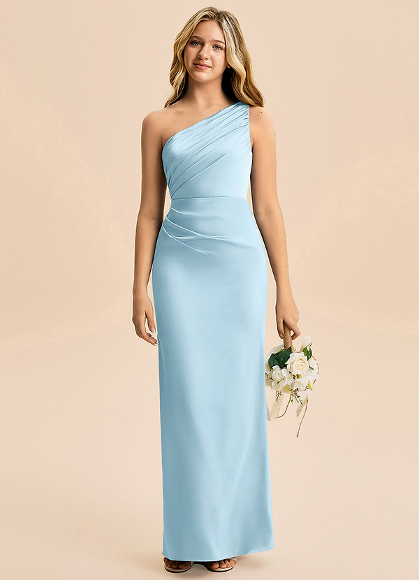 Azazie Akilah Junior Vestido Céu Azul de Cetim elástico de Bainha com Plissado image1