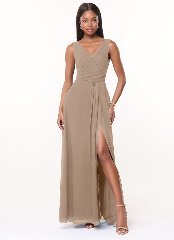 Azazie Karina Bridesmaid Dresses Taupe A-Line Pleated Chiffon Dress image1