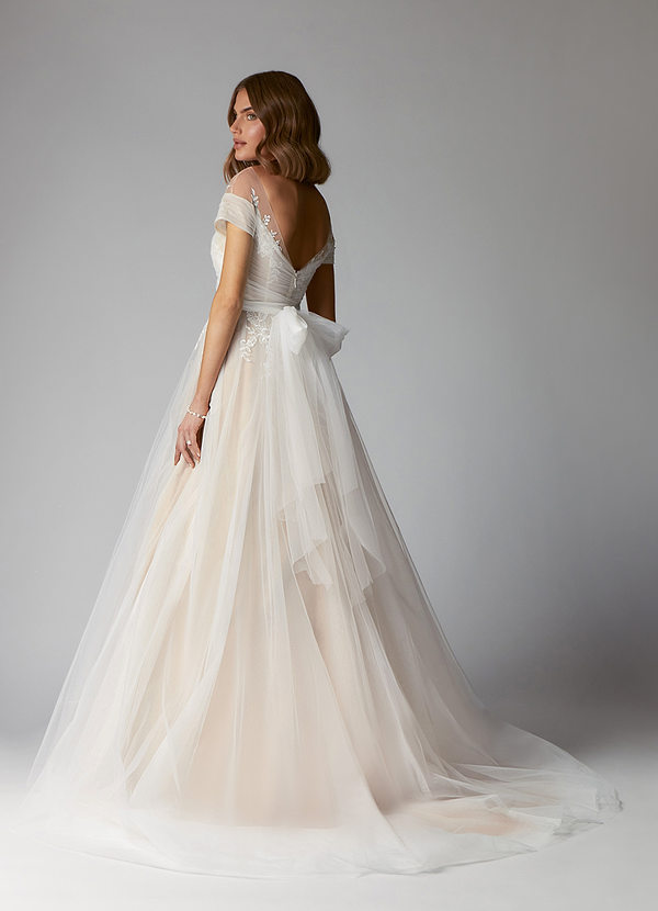 Azazie Cindy Wedding Dresses A-Line Illusion Off-The-Shouler Lace Tulle Chapel Train Dress image2
