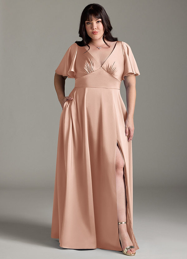 Azazie Kimber Bridesmaid Dresses Rose Gold A-Line Ruched Stretch Satin Dress image1