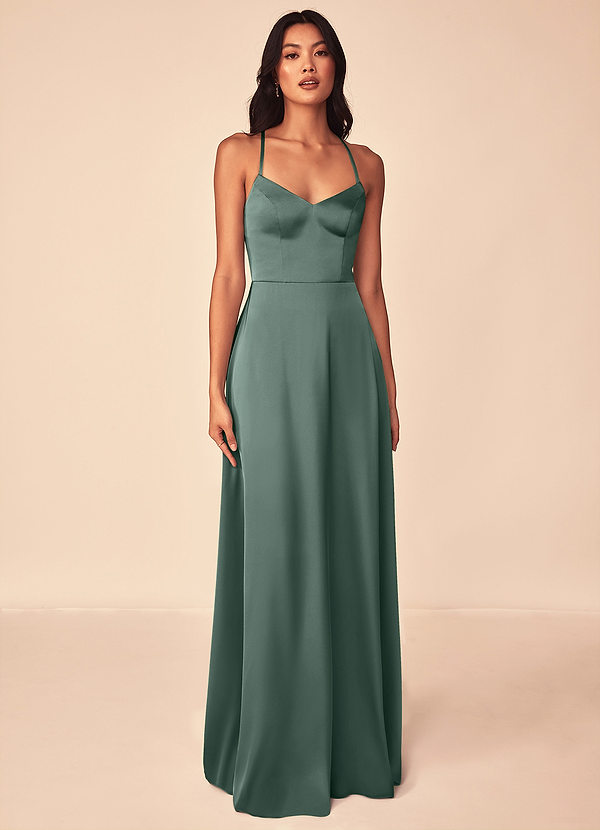 Azazie Mei Bridesmaid Dresses Sea Moss A-Line V-Neck Stretch Satin Dress image1
