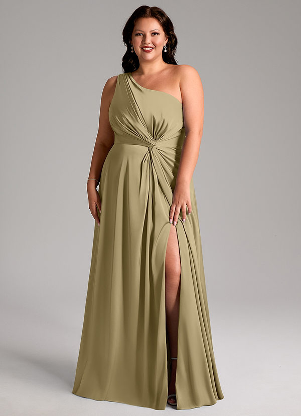 Azazie Brooke Bridesmaid Dresses Moss Green A-Line One Shoulder Stretch Satin Dress image1