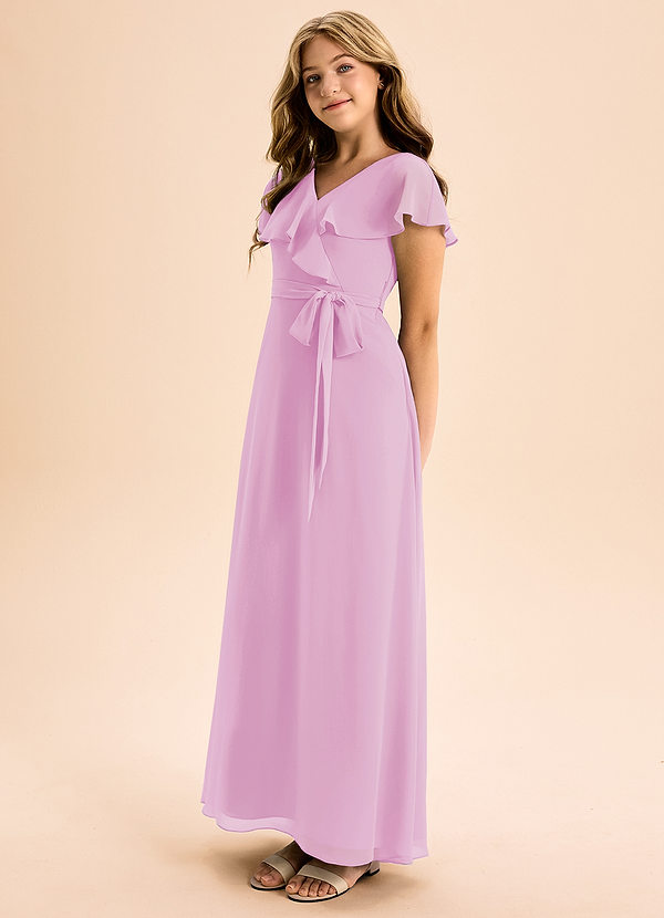 Azazie Lainey Junior Vestido de Rosa Caramelo de Gasa de Corte en A con Con bolsillos image1