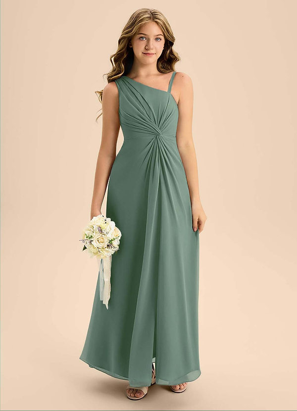 Azazie Brooke Junior A라인 사이드 슬릿 쉬폰 플로어 길이 주니어 신부 들러리 드레스 image1
