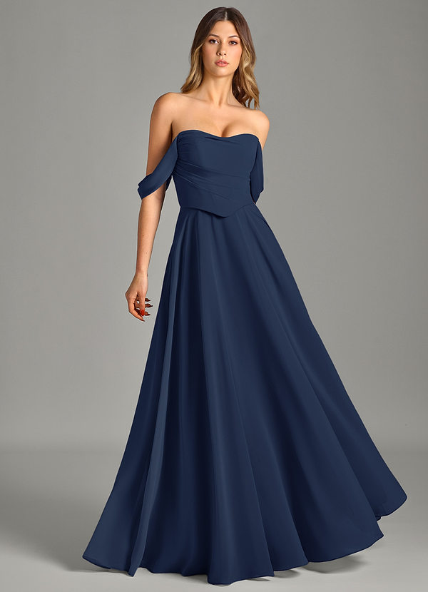 Azazie Chelsey Abiti da Damigella Abito Convertibile A-Line in Chiffon a Spalla Scoperta Marino Scuro image1