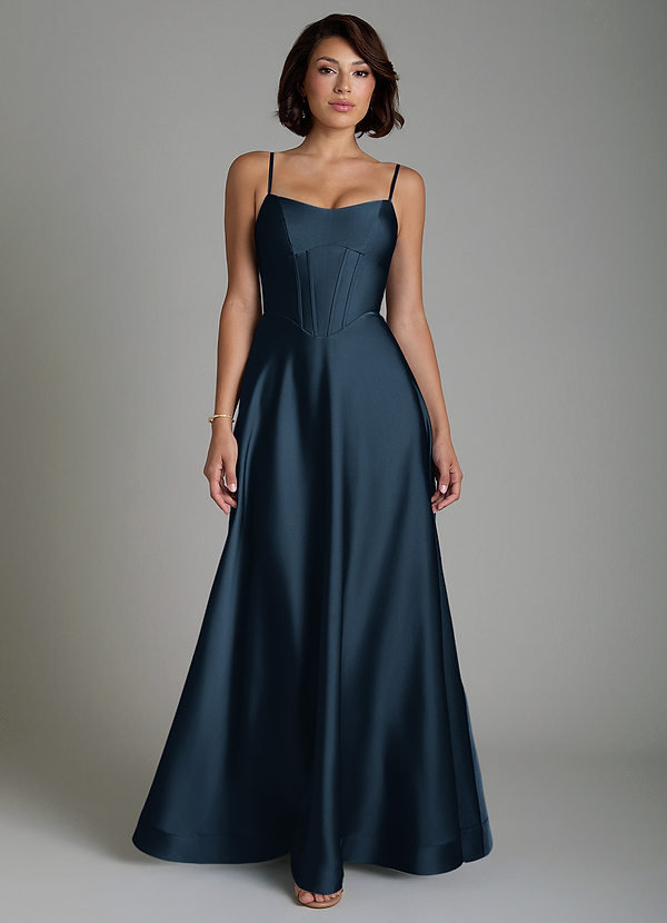 Nona Bridesmaid Dresses Dark Navy A-Line Pleated Stretch Satin Dress image1