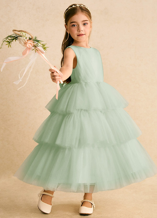 Azazie Marshmallow Blumenkinder Kleider Ballkleid Schleifen Tüll Kleid Staubiger Salbeigrün image1