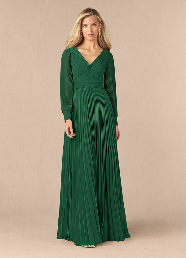 Azazie Zina Dark Green A-Line Pleated Chiffon Dress Ready to Ship