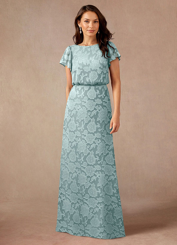 Azazie Lehi Vestidos de Madre de la Novia Vestido de Neblina de Devorado Floral de Corte en A con Cuello de barco image1