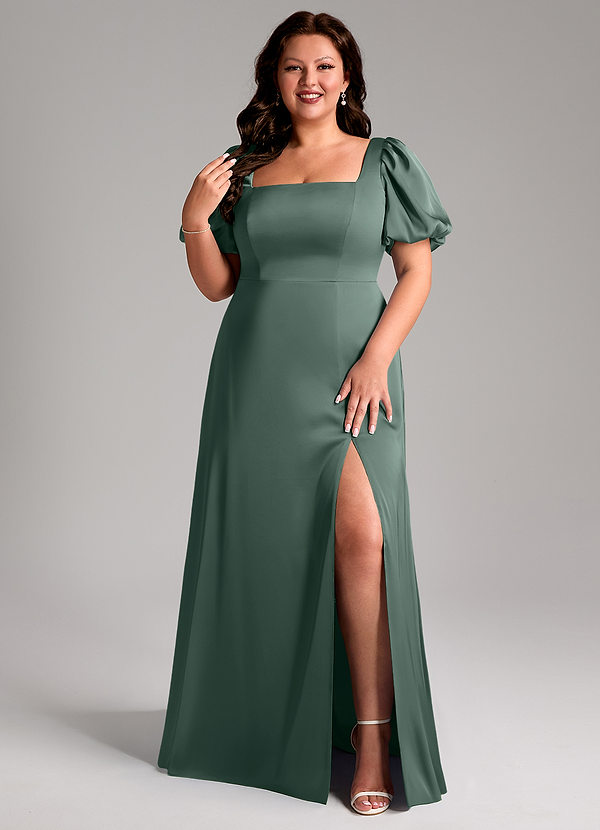 Azazie Fyona Bridesmaid Dresses Sea Moss A-Line Pleated Stretch Satin Dress image1