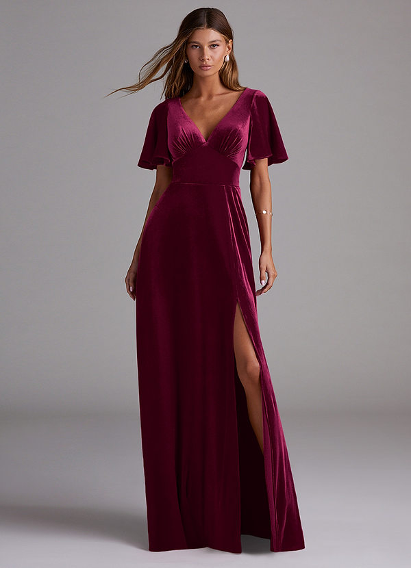 Azazie Kimber Bridesmaid Dresses Cabernet A-Line with Pockets Velvet Dress image1