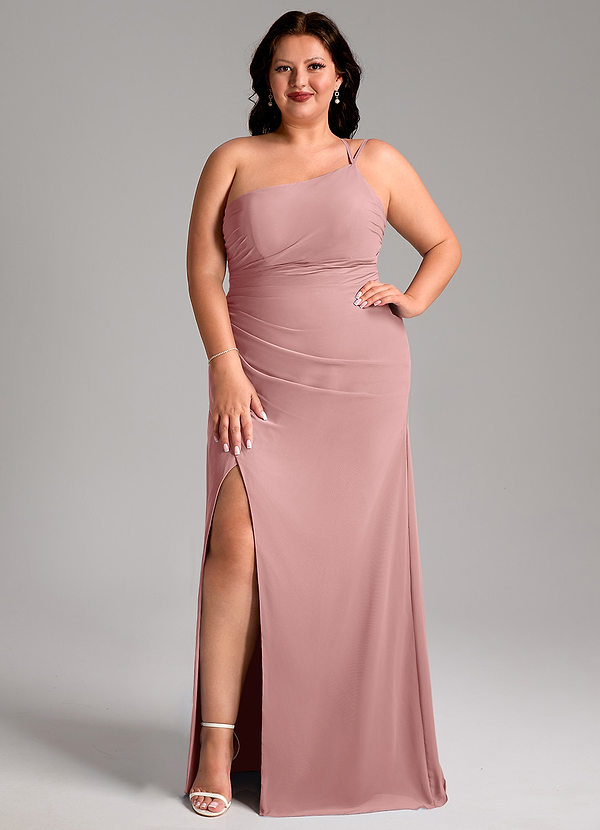 Azazie Eren Bruidsmeisjes Jurken Jurk van Chiffon met Kolom One-Shoulder Stoffige Roos image1