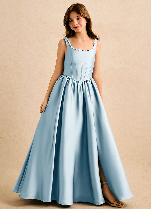 Azazie Enid Girls Formal Sukienki dla dziewczynek sypiących kwiaty Linia A Zroszony Satyna elastyczna Długość podłogi Sukienka image1