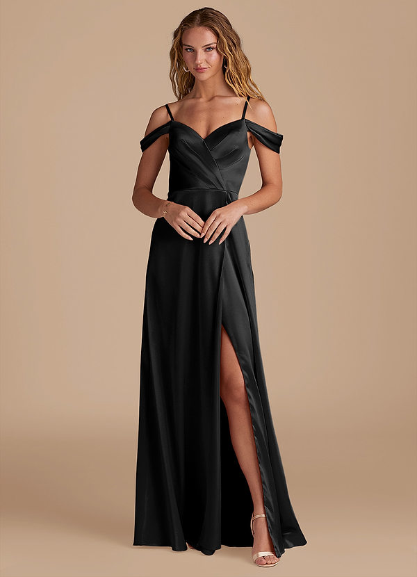 Azazie Ocean Bridesmaid Dresses Black A-Line Off the Shoulder Metallic Satin Dress image1