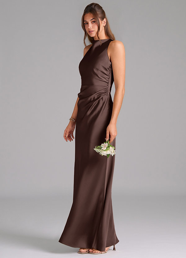 Azazie Evadne Bridesmaid Dresses Ganache Sheath Pleated Stretch Satin Dress image1