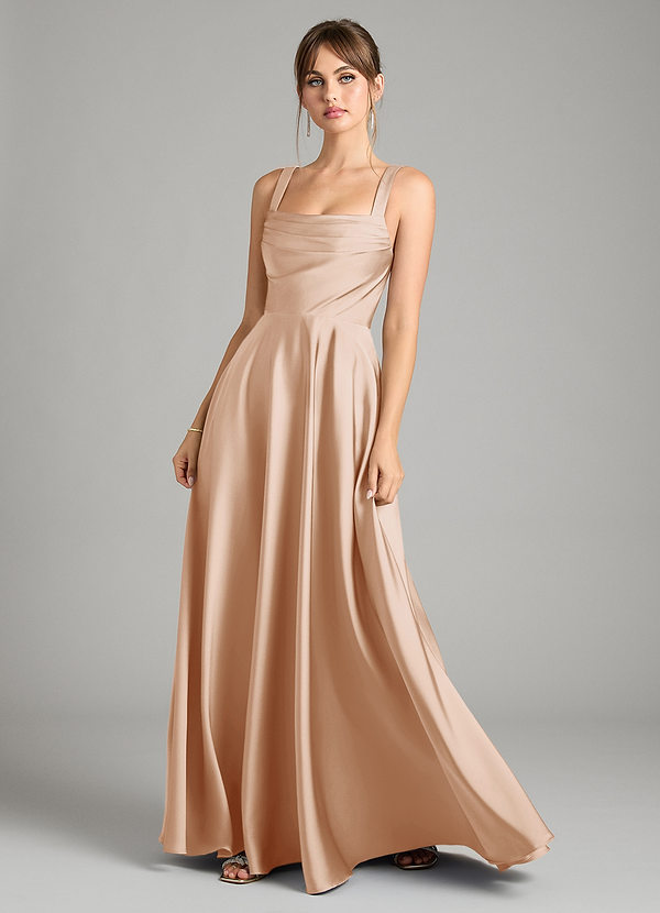 Azazie Shaude Bridesmaid Dresses English Rose A-Line Pleated Stretch Satin Dress image1