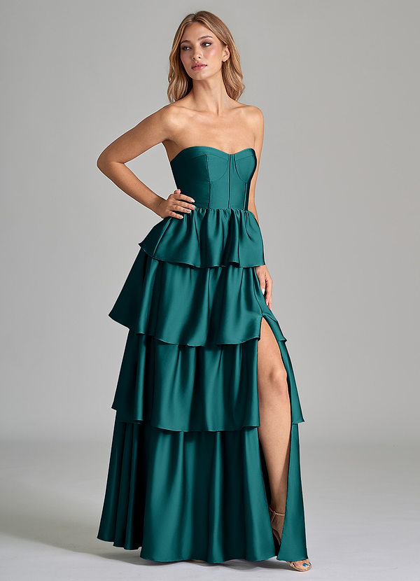 Azazie Faye Bridesmaid Dresses Peacock A-Line Ruched Stretch Satin Dress image1