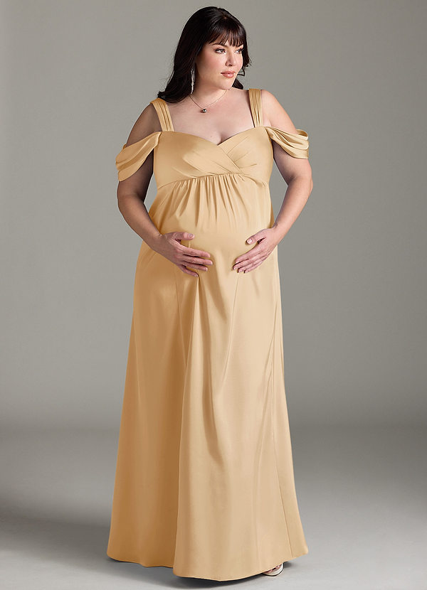 Azazie Rhea Robe demoiselle d'honneur enceinte Robe Trapèze Épaule nue plissée Longueur ras du sol Satin extensible image1