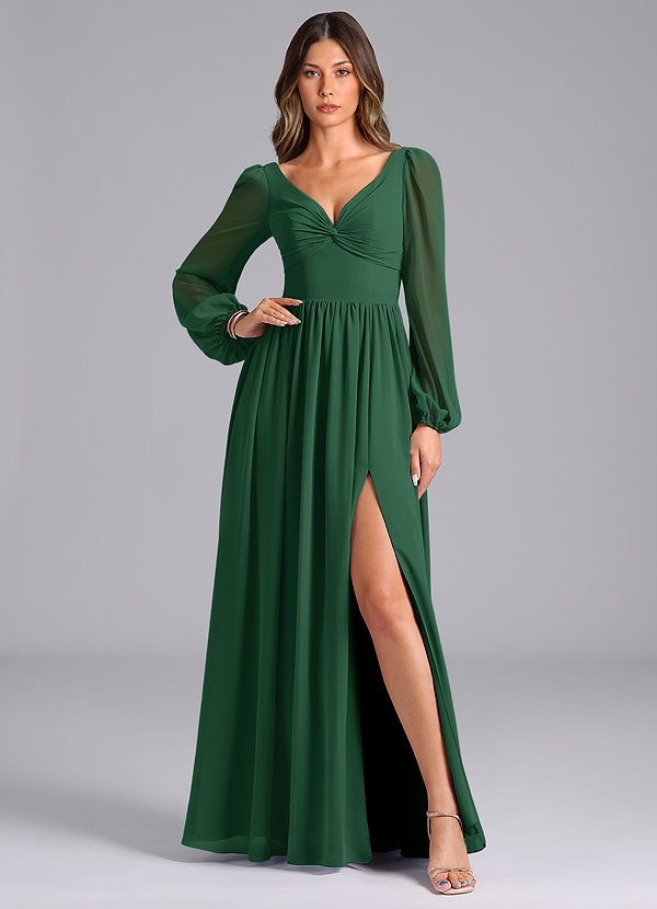 Azazie Teri Vestidos Dama de Honor Vestido de Verde Oscuro de Gasa de Corte en A con Manga larga image1