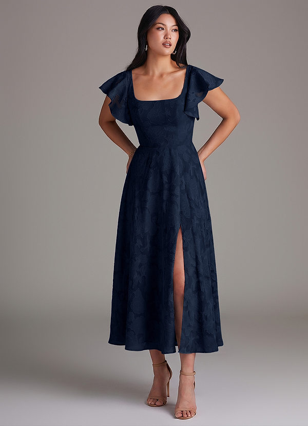 Azazie Bondi Bridesmaid Dresses Dark Navy A-Line Ruched Floral Burnout Dress image1