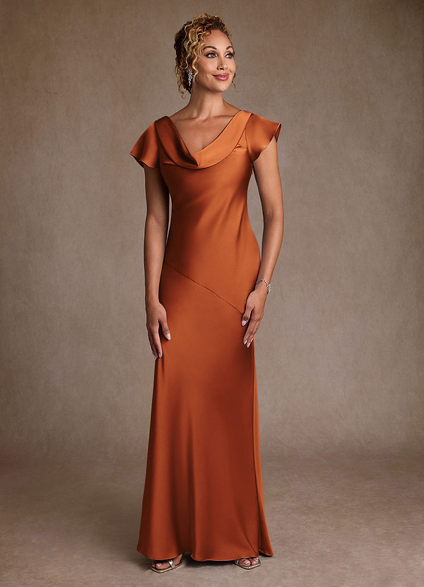 Azazie Shelby Vestidos de Madre de la Novia Vestido de Canela de Satén Elástico de Corte Sirena con Plisado image1