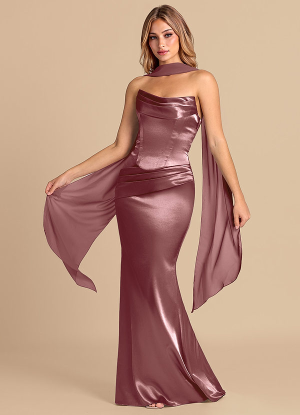 Azazie Sorrel Brudepigekjoler Havfrue Korset Metallisk satin Gulv-længde Kjole image1