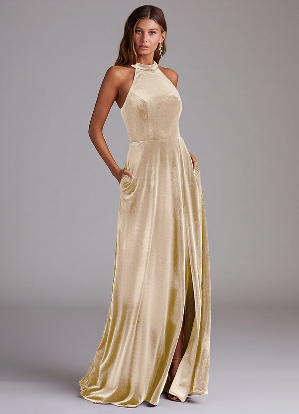Larice Bridesmaid Dresses Champagne A-Line High Neck Velvet Dress image1