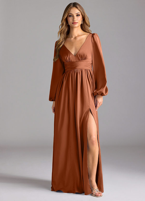 Azazie Norah Abiti da Damigella Abito A-Line in Raso Elasticizzato Rame image1