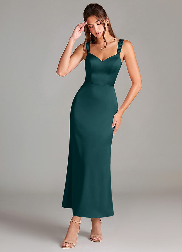 Azazie Denice Bridesmaid Dresses Pine Sheath Pleated Stretch Satin Dress image1