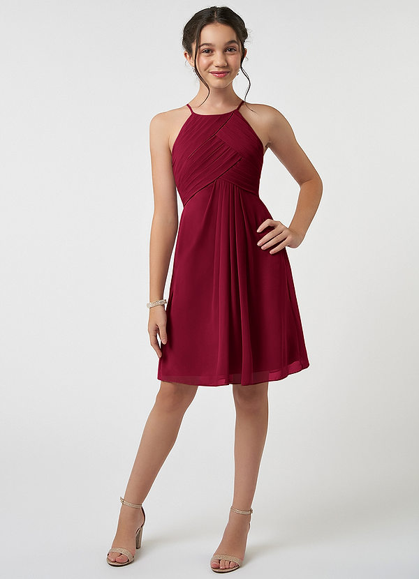 Azazie Ginny Junior Burgundy A-Line Pleated Chiffon Dress image1